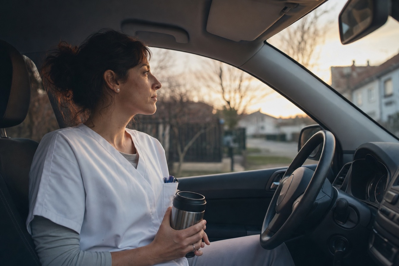 Infirmière libérale en pause dans sa voiture après une tournée, moment de recharge mentale