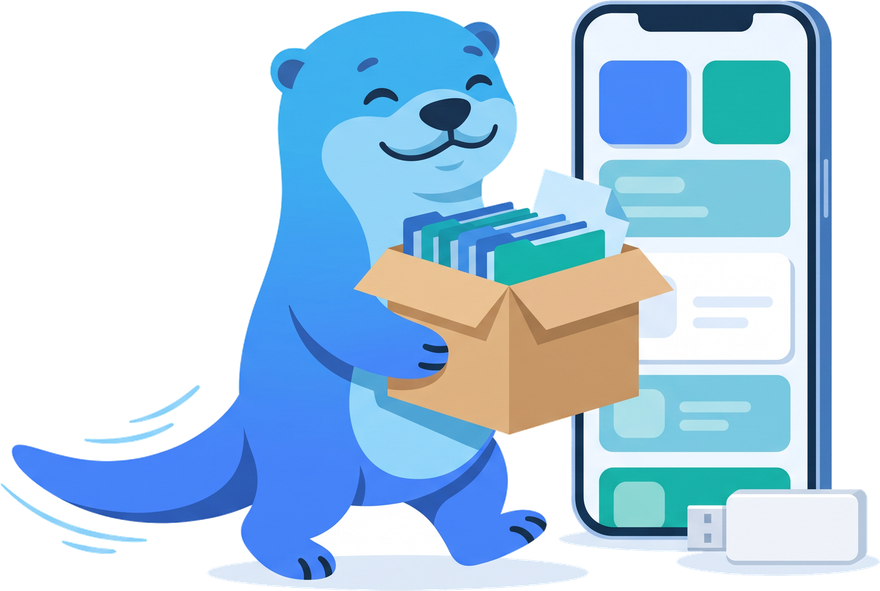 Otty, la loutre de Swily, porte un carton rempli de dossiers patients vers un smartphone ouvert sur l'application