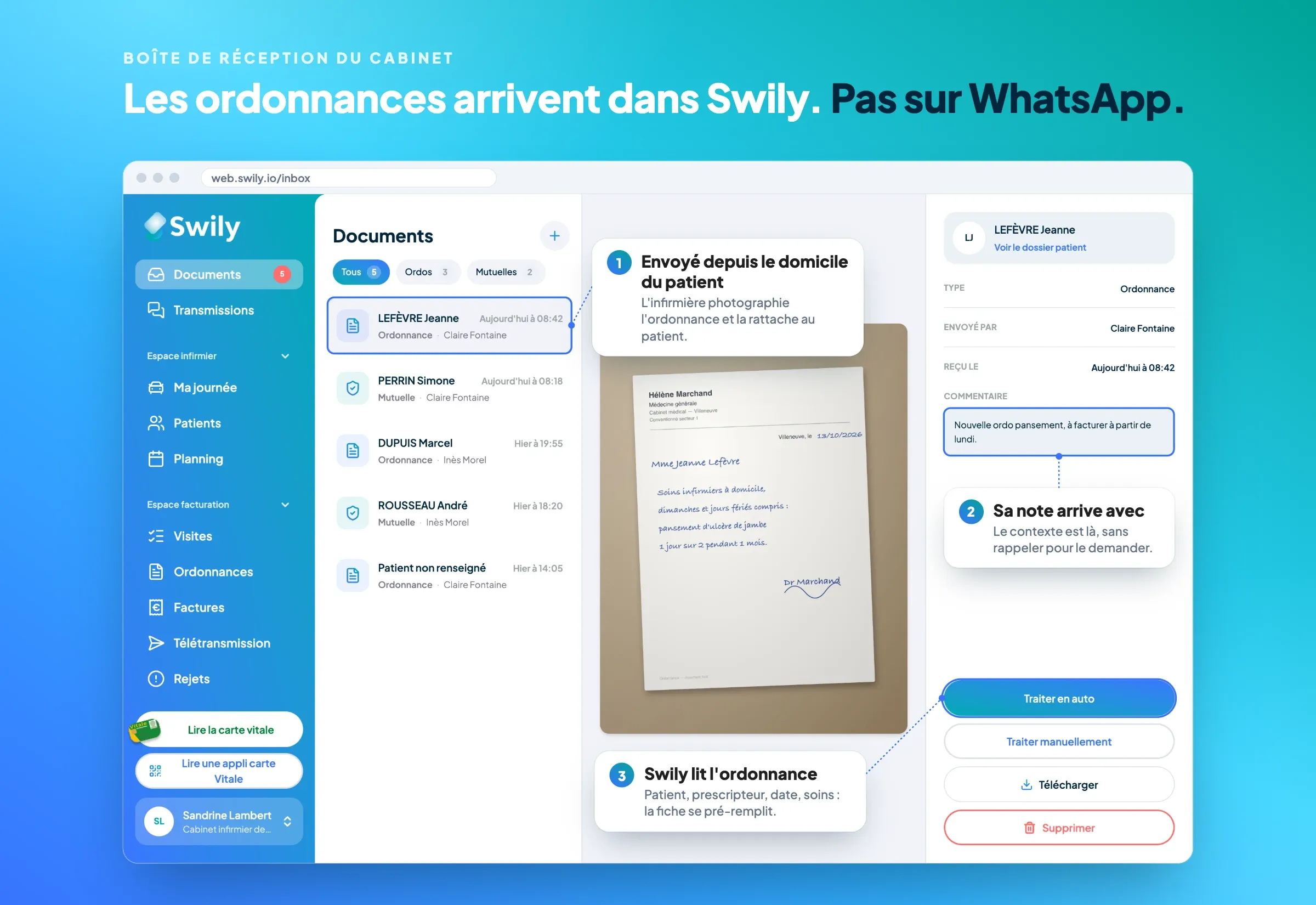 Écran Documents de Swily : la liste des ordonnances et mutuelles envoyées par les infirmières du cabinet, l'ordonnance photographiée au domicile du patient, la note de l'infirmière et le bouton Traiter en auto