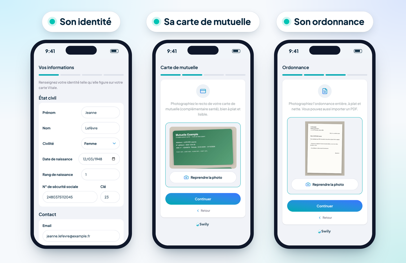 Trois écrans du formulaire sur téléphone : son identité comme sur la carte Vitale, sa carte de mutuelle en photo, son ordonnance en photo
