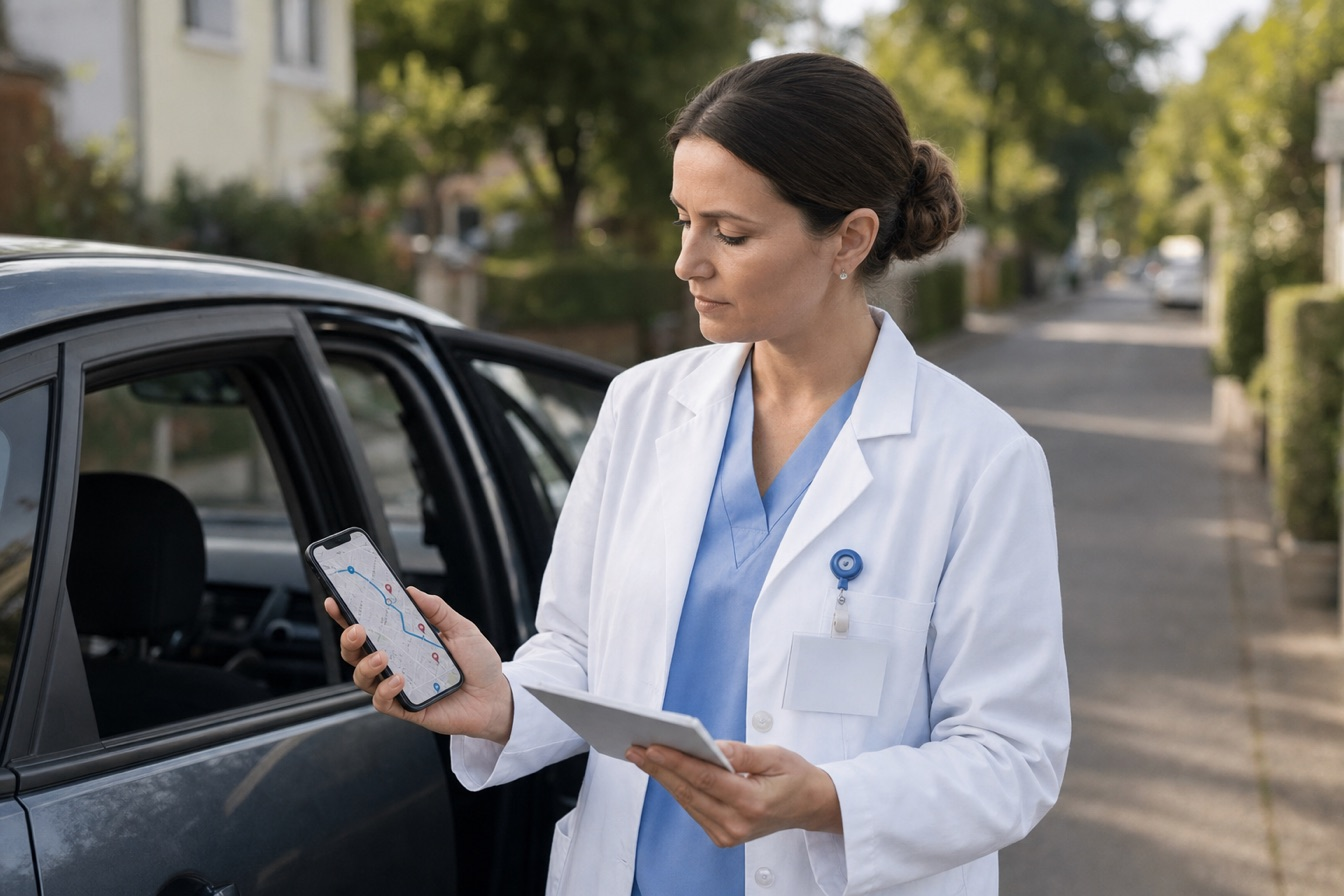 Infirmière libérale organisant sa tournée sur smartphone, itinéraire et points de passage patients