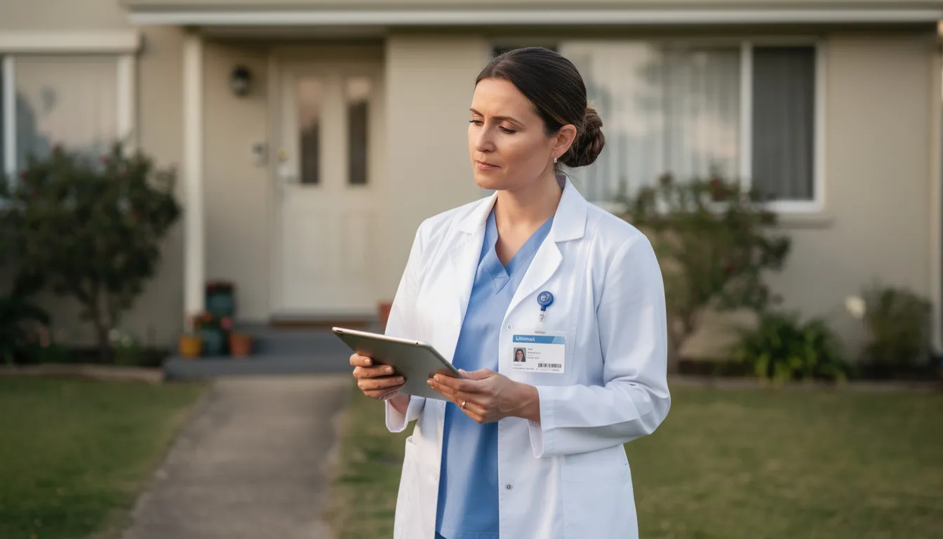 Infirmière libérale utilisant un logiciel de gestion sur tablette lors de sa tournée